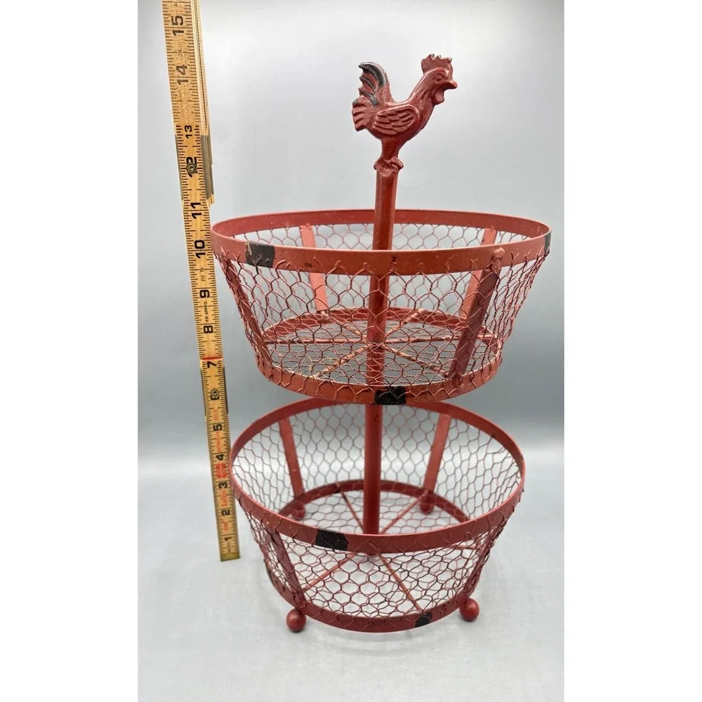 Vintage Red Metal Rooster 2 Tier Chicken Wire Basket Farmhouse Fruit Stand 14.5